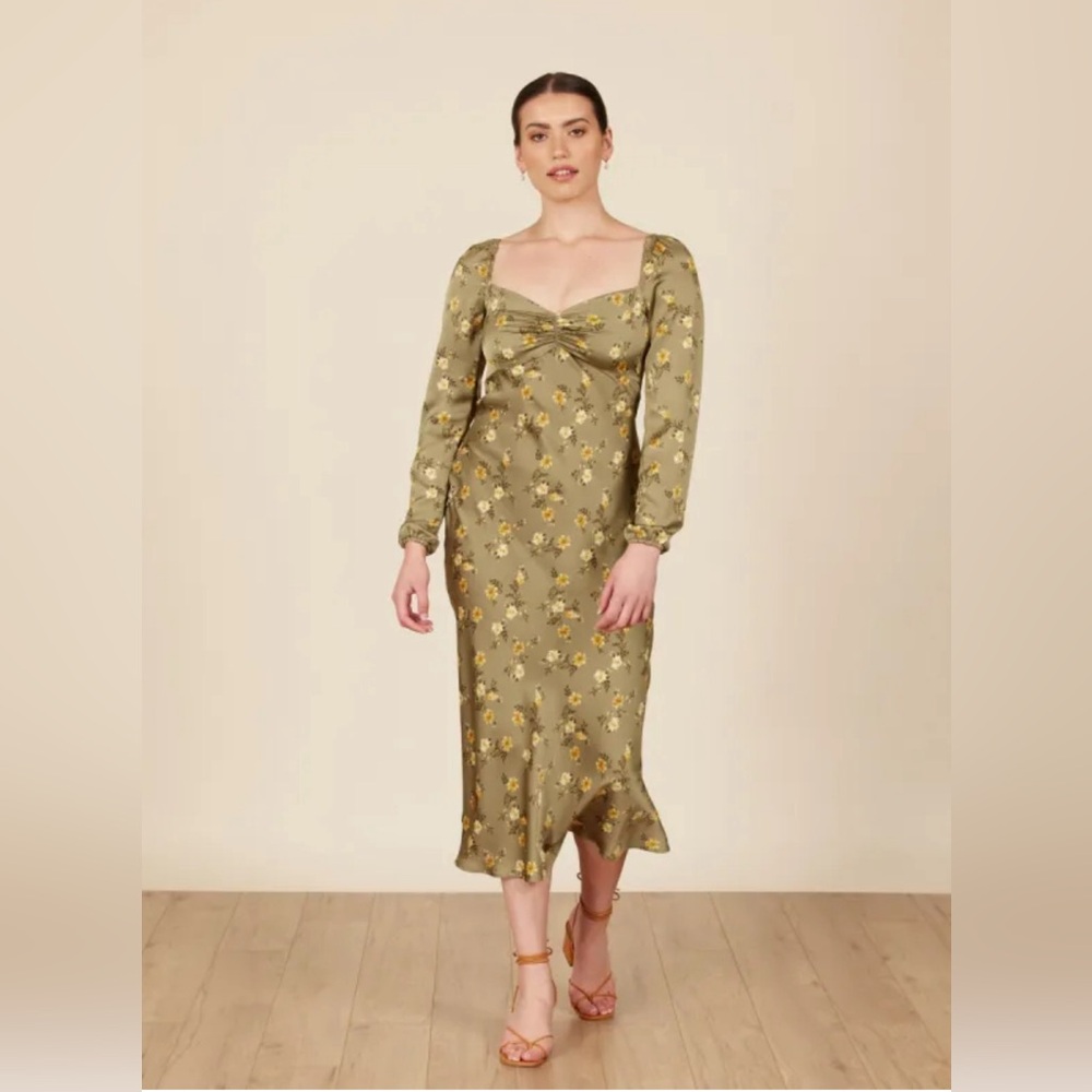 PARK & FIFTH olive green floral satin maxi dress, size large